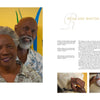 An older Black couple smiles before vibrant art, with a text block and two small images highlighting Black artists in clay. Featured: "Contemporary Black American Ceramic Artists" by Schiffer Publishing, Ltd.
