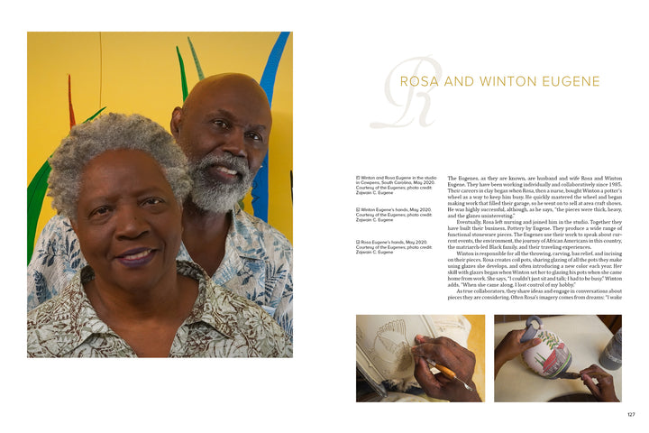 An older Black couple smiles before vibrant art, with a text block and two small images highlighting Black artists in clay. Featured: "Contemporary Black American Ceramic Artists" by Schiffer Publishing, Ltd.