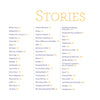In large orange text, "Stories" lists 45 inspirational Down syndrome stories with numbered page references in two columns on white in Reasons to Smile, 2nd Edition by Schiffer Publishing, Ltd.