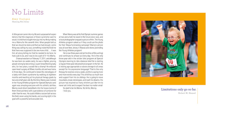 A young boy in glasses and a green shirt, wearing race bib 16, smiles and celebrates mid-race—capturing the spirit featured in "Reasons to Smile, 2nd Edition" by Schiffer Publishing, Ltd., as supporters cheer him on.