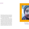 A magazine spread for Schiffer Publishing, Ltd.'s "Reasons to Smile, 2nd Edition" shows a story on happiness with text left, a close-up of a smiling child in hat and scarf right, and a George Santayana quote below.