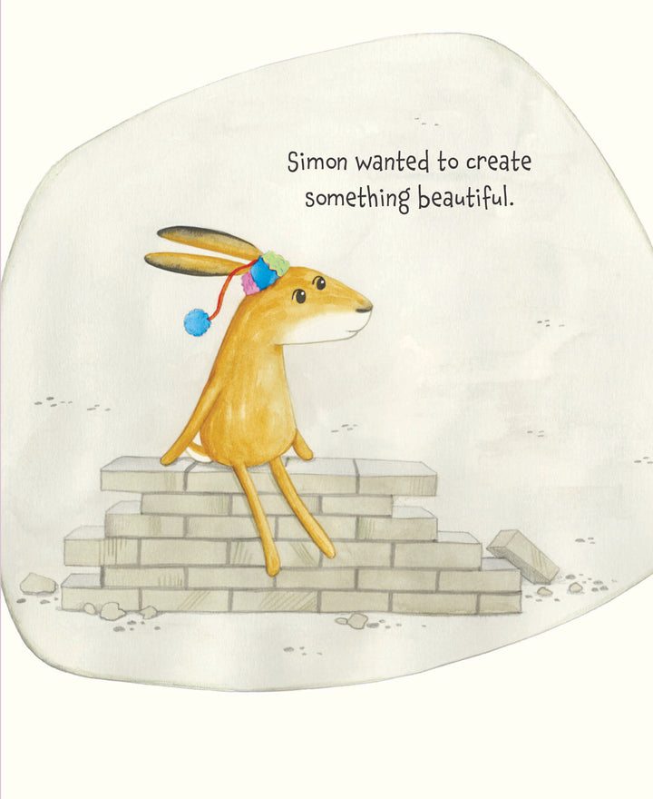 A rabbit in a colorful pom-pom hat sits on bricks. The text reads: Simon dreamed of making something beautiful—like in "The Tree in My Tuba" by Schiffer Publishing, Ltd., where music and nature spark every adventure.