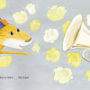 A cheerful rabbit in a colorful hat excitedly eyes a shiny tuba amid yellow roses on gray, blending music and nature. Text below says, So he decided to learn...the tuba! Product: The Tree in My Tuba by Schiffer Publishing, Ltd.