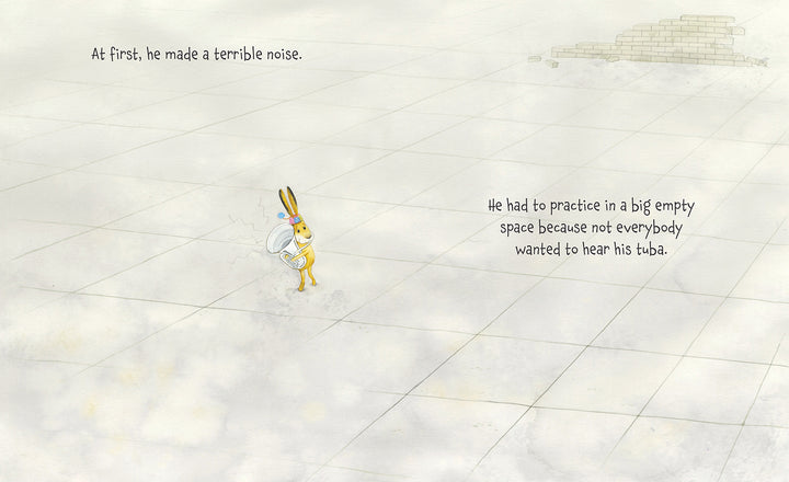 A small bunny in a yellow shirt plays a tuba alone in a vast, misty tiled space. "The Tree in My Tuba" by Schiffer Publishing, Ltd. captures urban nature with its gentle blend of music and solitude reminiscent of children’s storybook art.