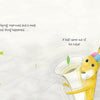 A yellow rabbit from Schiffer Publishing, Ltd.’s "The Tree in My Tuba" plays a tuba with a green leaf springing from the bell. On a light-tiled floor with grass, this children’s book scene reads: "A leaf came out of his tuba!.