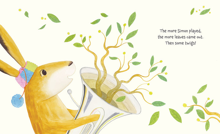 A rabbit in a colorful hat plays a silver tuba, with branches and leaves spilling out. Leaves fill the air. Text: “The more Simon played, the more leaves came out. Then some twigs!” The Tree in My Tuba by Schiffer Publishing, Ltd.
