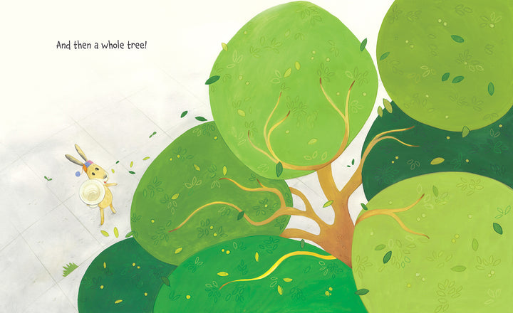 A rabbit holding a plate gazes at large green trees with falling leaves in this whimsical scene from The Tree in My Tuba by Schiffer Publishing, Ltd. Soft colors brighten the image, with text reading: And then a whole tree!.