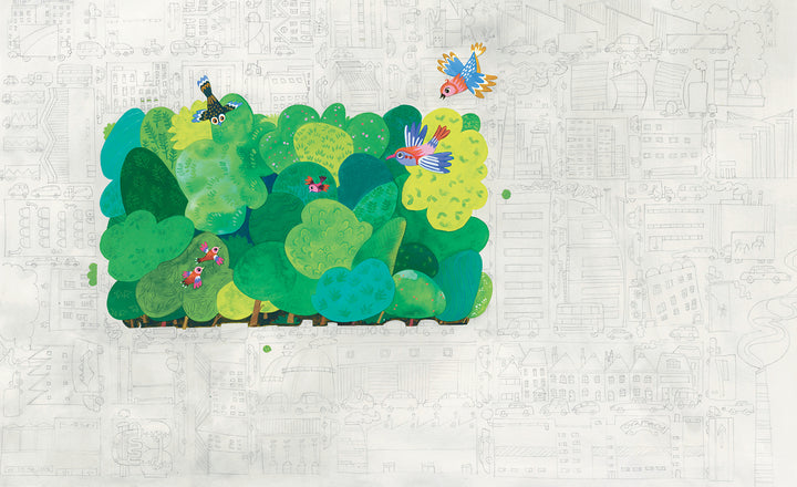 Colorful birds and animals from Schiffer Publishing, Ltd.'s "The Tree in My Tuba" gather in a vibrant green forest patch, contrasted by faint city sketches, blending music and nature in this unique children's book.