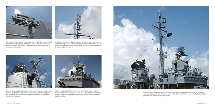 Five photos feature close-up and wide views of USS Kidd (DD-661), highlighting antennas, radar, and communication gear under blue skies, with metal rigging and safety rails visible. Brand: Schiffer Publishing, Ltd.