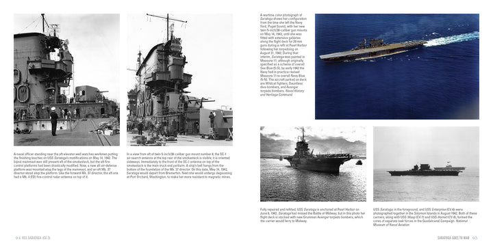 A collection of black-and-white photos of USS Saratoga (CV-3) by Schiffer Publishing, Ltd., with close-up and wide shots showing sailors and aircraft on deck, plus a text panel with historical context and photo credits.