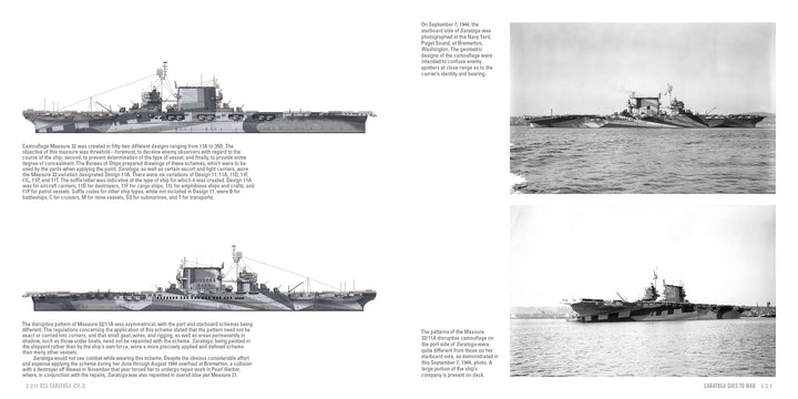A page from USS Saratoga (CV-3) by Schiffer Publishing, Ltd. features two black-and-white aircraft carrier photos, including the USS Saratoga at sea, and two side-view illustrations with descriptive text.
