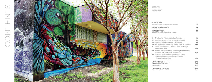The mural "Arte del Pueblo" by Schiffer Publishing, Ltd. displays vibrant abstract animals on a building’s side in San Antonio, with sunlight streaming through nearby trees and casting patterned shadows on the sidewalk and grass below.