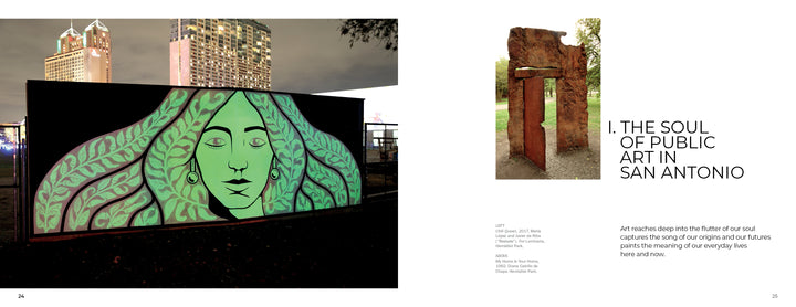 The Schiffer Publishing, Ltd. book "Arte del Pueblo" showcases a glowing green-faced woman mural and a stone sculpture beside “The Soul of Public Art in San Antonio,” honoring the city's vibrant cultural heritage.