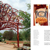 Arte del Pueblo by Schiffer Publishing, Ltd. features a striking large red metal tree sculpture with hanging decorated birdhouse-like objects, printed text and poems nearby, and surrounding trees and a bench enhancing the public art scene.