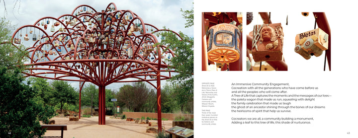 Arte del Pueblo by Schiffer Publishing, Ltd. features a striking large red metal tree sculpture with hanging decorated birdhouse-like objects, printed text and poems nearby, and surrounding trees and a bench enhancing the public art scene.