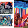 A vibrant street art mural from Arte del Pueblo by Schiffer Publishing, Ltd. features "La Voz de Santa Cecilia" in bold next to a fist holding a pencil, and on the right, San Antonio public art shows a young woman amid vivid, multicolored backgrounds.