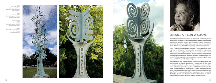 Three photos display the tall metal Bravery and Power sculptures with abstract designs, featured as striking San Antonio public art in Schiffer Publishing’s Arte del Pueblo. A portrait of artist Bernice Appelin-Williams is shown with text about her work.
