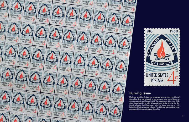 A grid of vintage Camp Fire Girls 4-cent stamps forms the backdrop for a larger stamp on the cover of "First Class" from Schiffer Publishing, Ltd., with text below highlighting the Camp Fire Girls' history and the stamp’s significance.