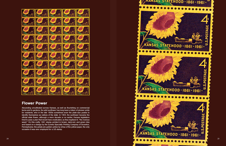 A sheet of "First Class" 4¢ American stamps by Schiffer Publishing, Ltd., commemorating Kansas statehood with a bold sunflower design—ideal for midcentury stamp enthusiasts and collectors, spotlighting the sunflower’s importance.