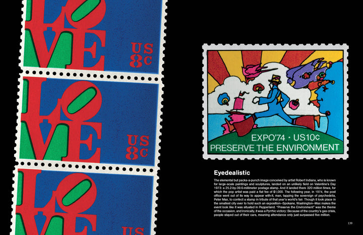 Left: Three American postage stamps with bold, colorful LOVE lettering in a midcentury style. Right: A stamp featuring animated birds and trees with EXPO74 • US10c PRESERVE THE ENVIRONMENT. Product: First Class by Schiffer Publishing, Ltd.