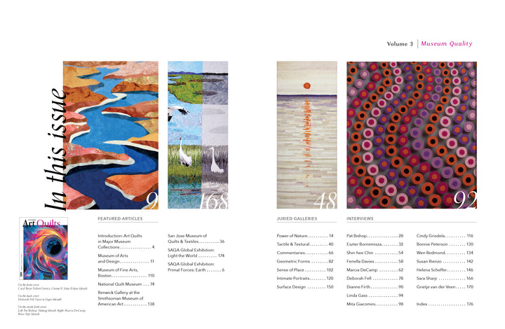 Magazine spread for "Museum Quality" by Schiffer Publishing, Ltd. features colorful art quilt panels, a contents list, articles overview, and “In this issue” in diagonal black text. A small cover image also appears at the lower left.