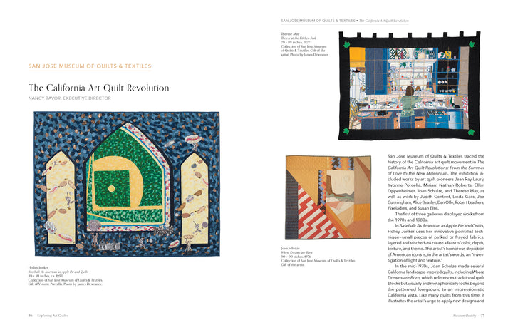 A magazine spread showcases vibrant quilts—abstract and kitchen-themed—with text. The header, "Museum Quality," highlights Schiffer Publishing, Ltd.'s release in collaboration with quilt museums.