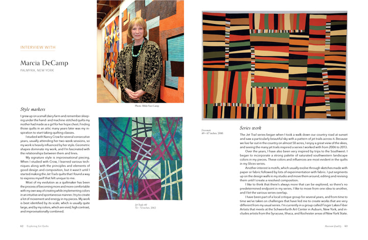 A Museum Quality magazine spread by Schiffer Publishing, Ltd. features textile artist Marcia DeCamp: her portrait and interview on the left, with two abstract geometric quilts displayed on the right.
