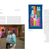 Three people view art quilts in a gallery. On the right, "Museum Quality" by Schiffer Publishing, Ltd. is featured—a vibrant blue quilt with abstract multicolored shapes shown in detail against a white background, reflecting creative excellence.