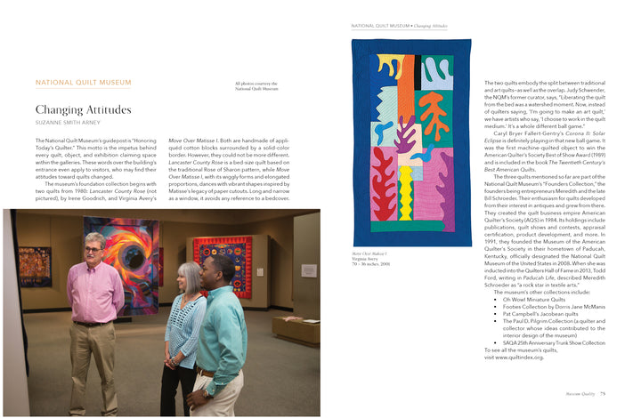 Three people view art quilts in a gallery. On the right, "Museum Quality" by Schiffer Publishing, Ltd. is featured—a vibrant blue quilt with abstract multicolored shapes shown in detail against a white background, reflecting creative excellence.