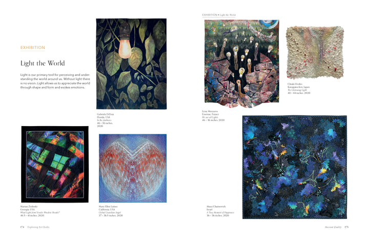 The "Museum Quality" gallery by Schiffer Publishing, Ltd. presents five vibrant abstract quilts with artist details—name, title, medium, size, and date—expertly arranged to showcase creativity under the “Light the World” theme.