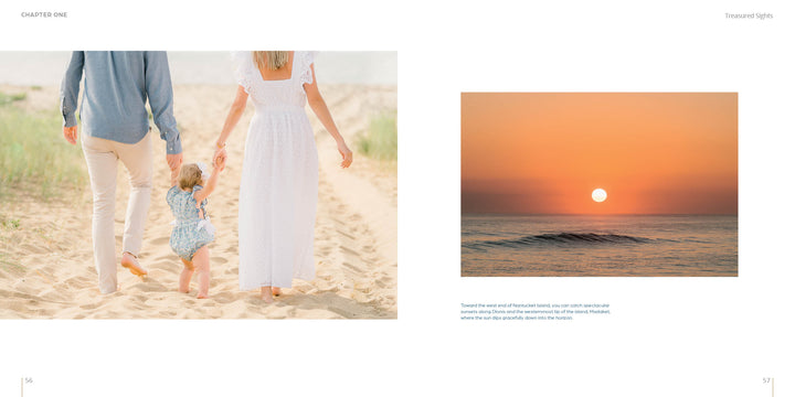 A family strolls hand-in-hand on a sandy Nantucket beach, with the ocean behind them. Beside them, a vibrant orange sunset over calm waves captures the beauty featured in "Nantucket" by Schiffer Publishing, Ltd.