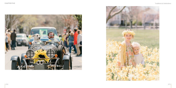 Left: Nantucket by Schiffer Publishing, Ltd.—capture a person and dog in a flower-covered vintage car at a parade. Right: Two young girls, one with a flower crown, stand in a field of yellow blossoms. Perfect for photography lovers.