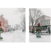 A winter street scene in historic Nantucket features snow, bare trees, and festive wreaths on a lamppost among brick and wooden buildings—a perfect subject for Nantucket photography. From Schiffer Publishing, Ltd.
