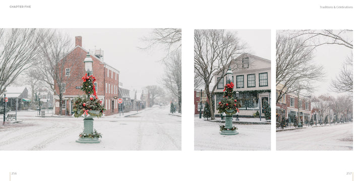 A winter street scene in historic Nantucket features snow, bare trees, and festive wreaths on a lamppost among brick and wooden buildings—a perfect subject for Nantucket photography. From Schiffer Publishing, Ltd.