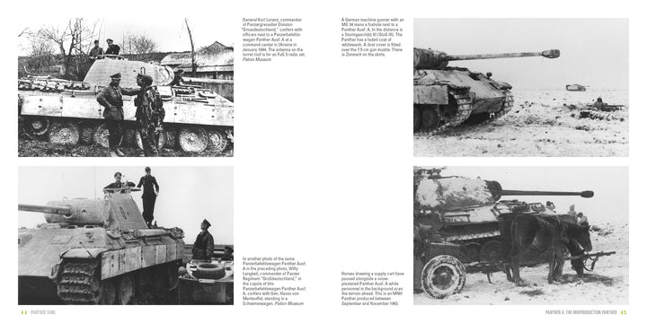 Four black-and-white photos of WWII-era Panther Tank by Schiffer Publishing, Ltd. show German medium tanks and crew in snowy and muddy settings, featuring 75 mm gun close-ups, maintenance, damage, and crew activities.