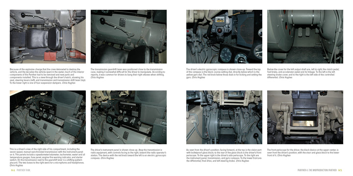 A two-page spread from Schiffer Publishing, Ltd.'s Panther Tank manual displays images of tank controls, panels, and mechanisms with captions detailing components and functions of this famed German medium tank with a 75mm gun.