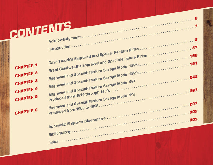 A contents page from "Savage Model 1895, 1899, and 99 Rifles" by Schiffer Publishing, Ltd. features red and black text on cream paper listing six chapters on engraved and special-feature rifles plus appendix, bibliography, and index. Chapters are highlighted in red.