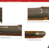 A detailed spread from Schiffer Publishing, Ltd. highlights close-up images of Savage Model 1895, 1899, and 99 rifles’ engraved metal parts and wood stocks, with numbered labels describing their features and intricate designs.