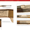 A catalog page from Schiffer Publishing, Ltd. showcases detailed engravings on Savage Model 1895, 1899, and 99 rifles with close-up views of receivers, barrels, and stocks on a white background with red borders and labels.