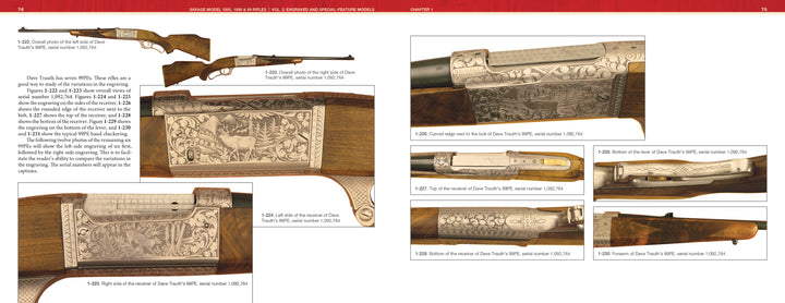 A catalog page from Schiffer Publishing, Ltd. showcases detailed engravings on Savage Model 1895, 1899, and 99 rifles with close-up views of receivers, barrels, and stocks on a white background with red borders and labels.