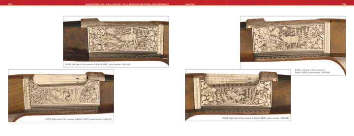 Four detailed close-up images of engraved Savage Model 1895, 1899, and 99 rifles feature intricate wildlife scenes on ornate metalwork. Presented by Schiffer Publishing, Ltd., the engravings include deer and foliage set against a wooden background.