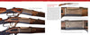 Four close-up images of a Savage Model 1895 rifle from Schiffer Publishing, Ltd.'s "Savage Model 1895, 1899, and 99 Rifles," highlight ornate receiver engravings and wood details, with an inset showing the full firearm in profile.