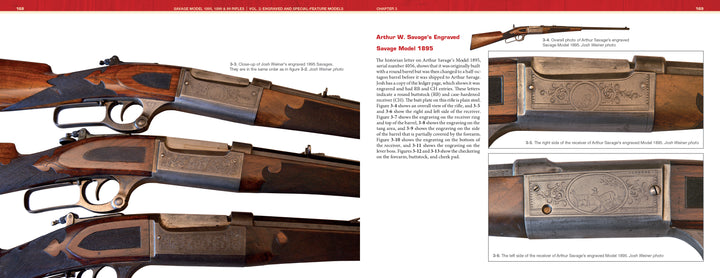 Four close-up images of a Savage Model 1895 rifle from Schiffer Publishing, Ltd.'s "Savage Model 1895, 1899, and 99 Rifles," highlight ornate receiver engravings and wood details, with an inset showing the full firearm in profile.