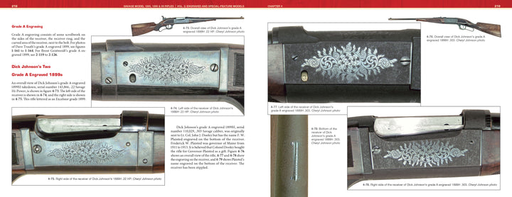 A book page from Schiffer Publishing, Ltd.'s "Savage Model 1895, 1899, and 99 Rifles" shows close-up photos of engraved receivers with floral patterns, detailed descriptions, and a small image of the full rifle at the top.