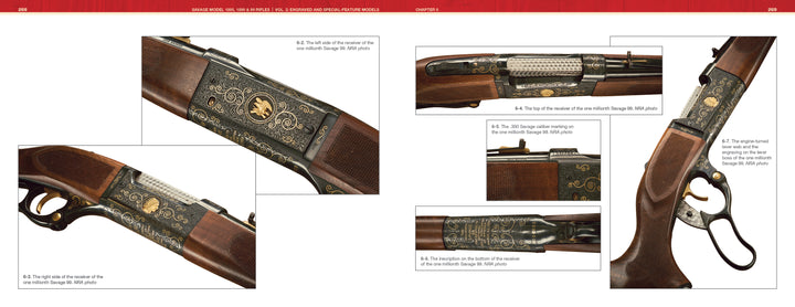 A detailed spread features close-up views of Savage Model 1895, 1899, and 99 rifles from Schiffer Publishing, Ltd., showcasing ornate engravings, gold accents, and wooden stocks from various angles on a white background.