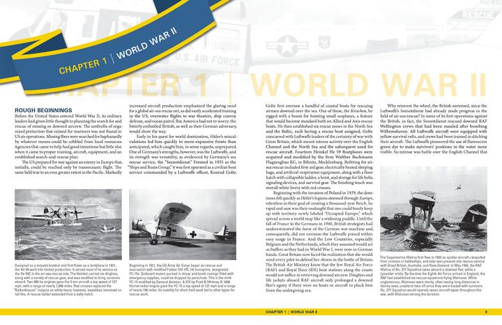 A two-page spread from Schiffer Publishing, Ltd.'s "The US Air Force Air Rescue Service" shows CHAPTER 1 | WORLD WAR II, with photos and text on Air Force aircraft and dramatic sea rescues in a clean, informative layout.
