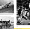 Two historical black-and-white photos from "The US Air Force Air Rescue Service" by Schiffer Publishing, Ltd. show a torpedo on a cart and a man with two dogs during rescue ops—one dog boards the plane as a life raft is seen below.