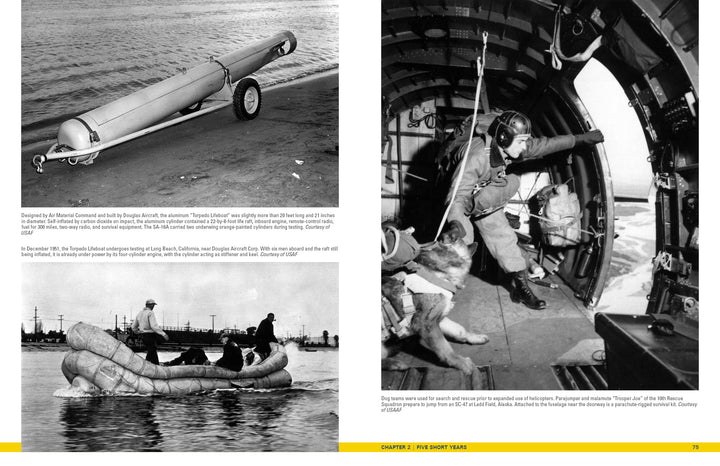 Two historical black-and-white photos from "The US Air Force Air Rescue Service" by Schiffer Publishing, Ltd. show a torpedo on a cart and a man with two dogs during rescue ops—one dog boards the plane as a life raft is seen below.