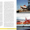 A two-page spread from "The US Air Force Air Rescue Service" by Schiffer Publishing, Ltd. shows text on the left and two color photos on the right of red-and-white lifeboats in air rescue operations at a dock and on water.