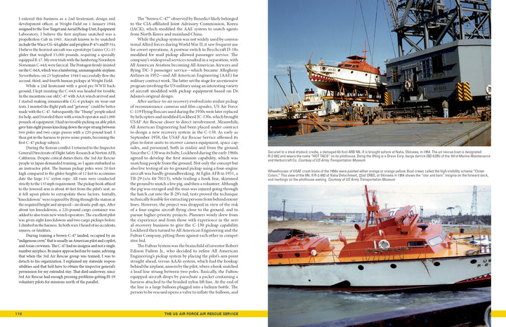 A two-page spread from "The US Air Force Air Rescue Service" by Schiffer Publishing, Ltd. shows text on the left and two color photos on the right of red-and-white lifeboats in air rescue operations at a dock and on water.